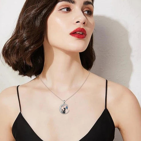Black Cat Butterfly Moon Branch Winding Pendant Necklace
